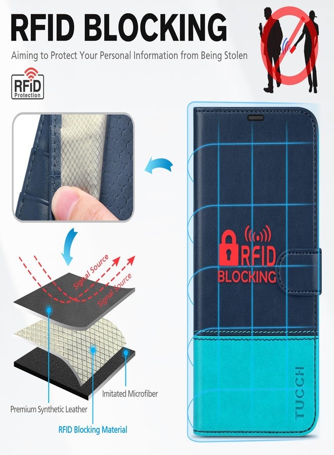 TUCCH Wallet Case for iPhone 16, [RFID Blocking] [4 Card Slots] TPU Interior Protective Case, Magnetic Folio Shockproof PU Leather Stand Flip Cover Compatible with iPhone 16, Dark Blue&Lake Blue - Image 3