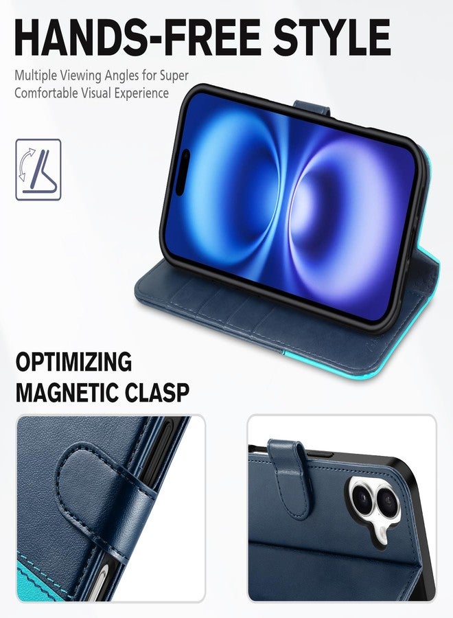 TUCCH Wallet Case for iPhone 16, [RFID Blocking] [4 Card Slots] TPU Interior Protective Case, Magnetic Folio Shockproof PU Leather Stand Flip Cover Compatible with iPhone 16, Dark Blue&Lake Blue - Image 4