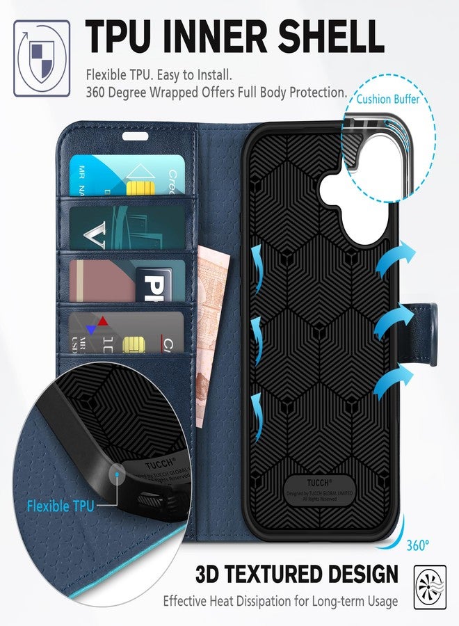 TUCCH Wallet Case for iPhone 16, [RFID Blocking] [4 Card Slots] TPU Interior Protective Case, Magnetic Folio Shockproof PU Leather Stand Flip Cover Compatible with iPhone 16, Dark Blue&Lake Blue - Image 5