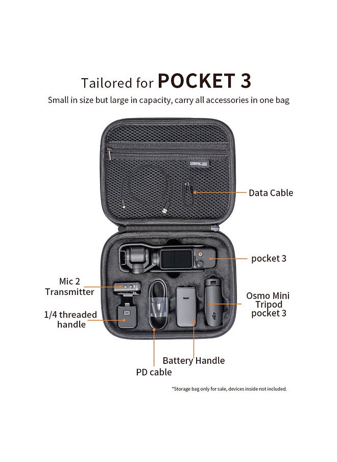 Sports Camera Case Portable Storage Box for Camera with Semi-open Design Support Camera + Battery Handle + 1/4in Handle + PD Cable + Mini Tripod Compatible with DJI Pocket 3