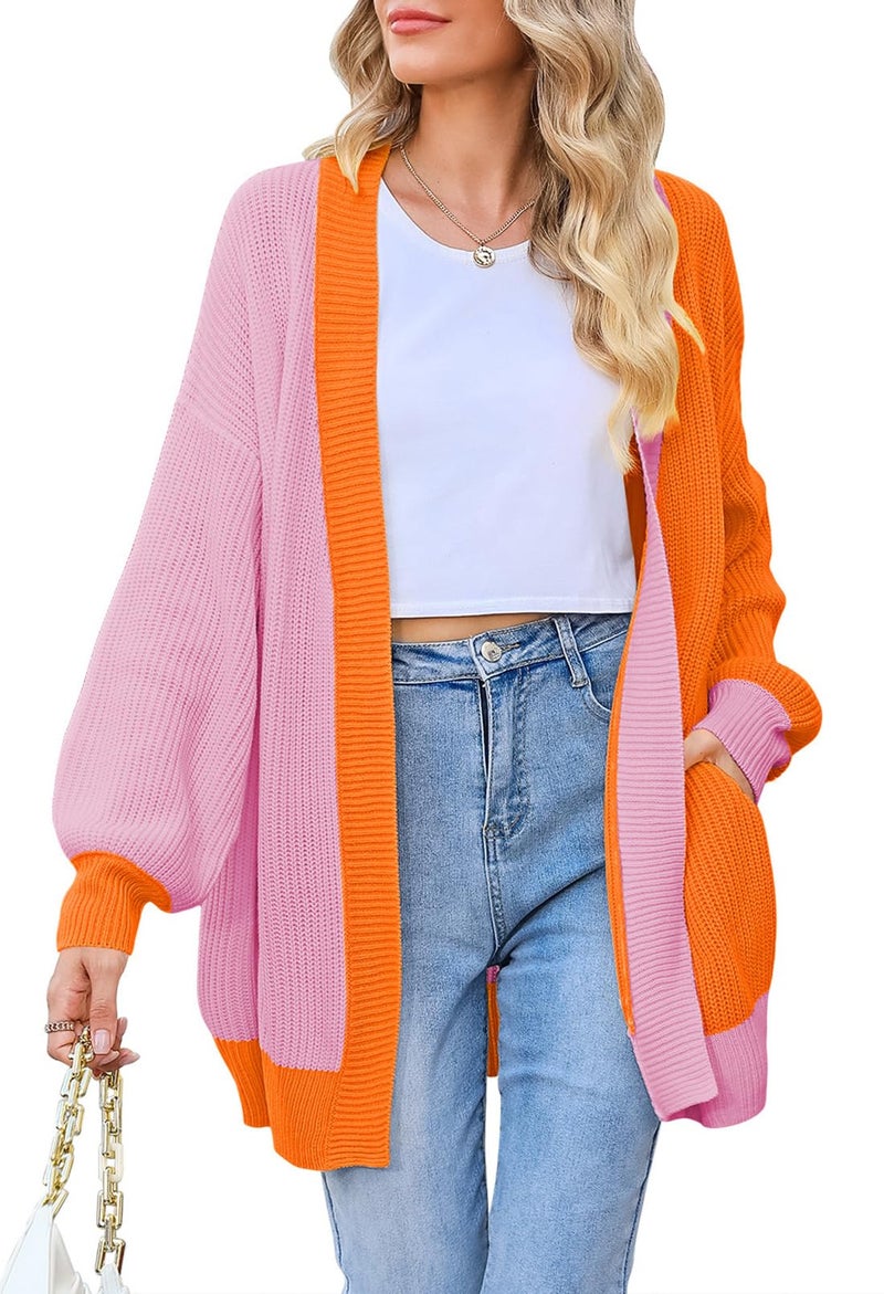 Pink Queen Women's Colorblock Cardigan Long Sleeve Open Front Ribbed Knit Oversized Cardigans Sweaters with Pockets Orange M - Image 1