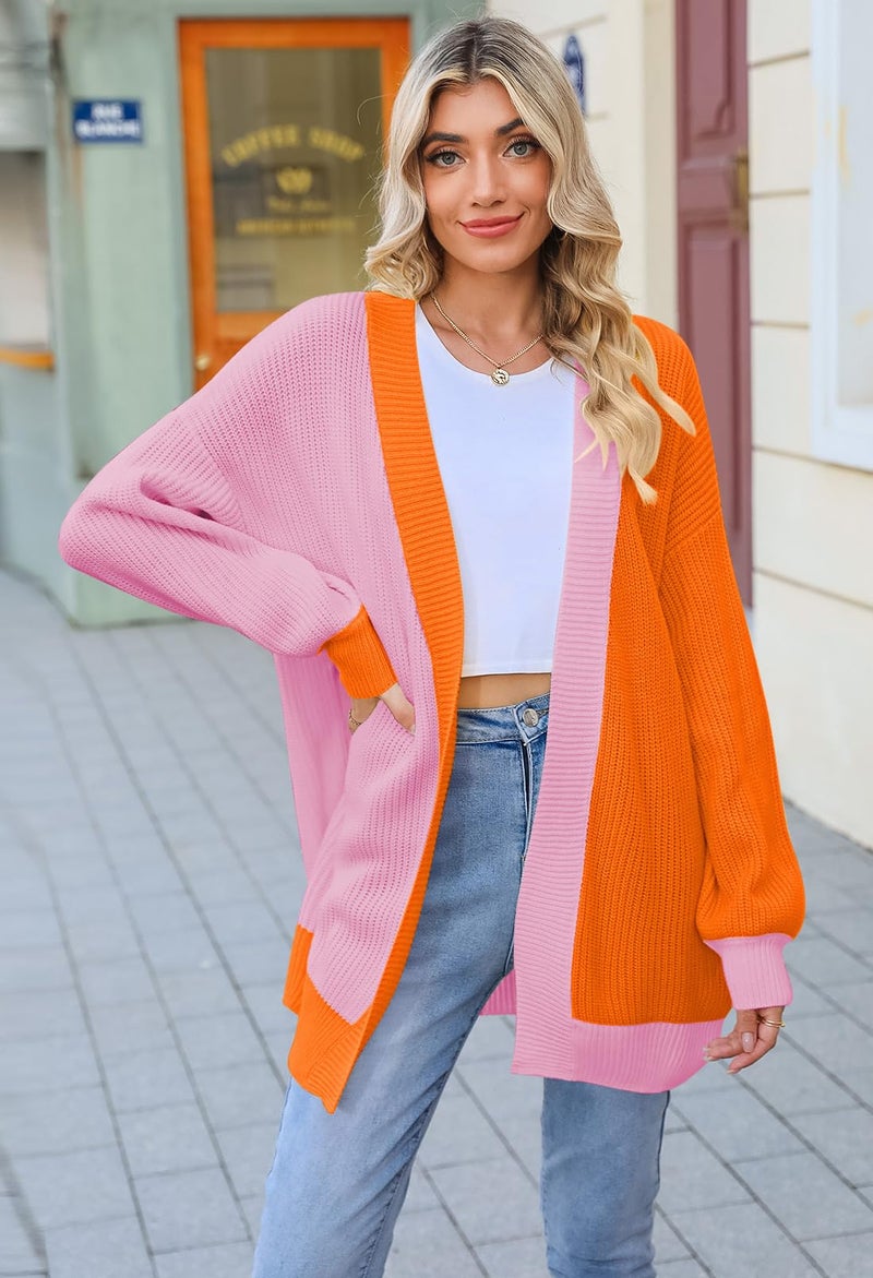 Pink Queen Women's Colorblock Cardigan Long Sleeve Open Front Ribbed Knit Oversized Cardigans Sweaters with Pockets Orange M - Image 2
