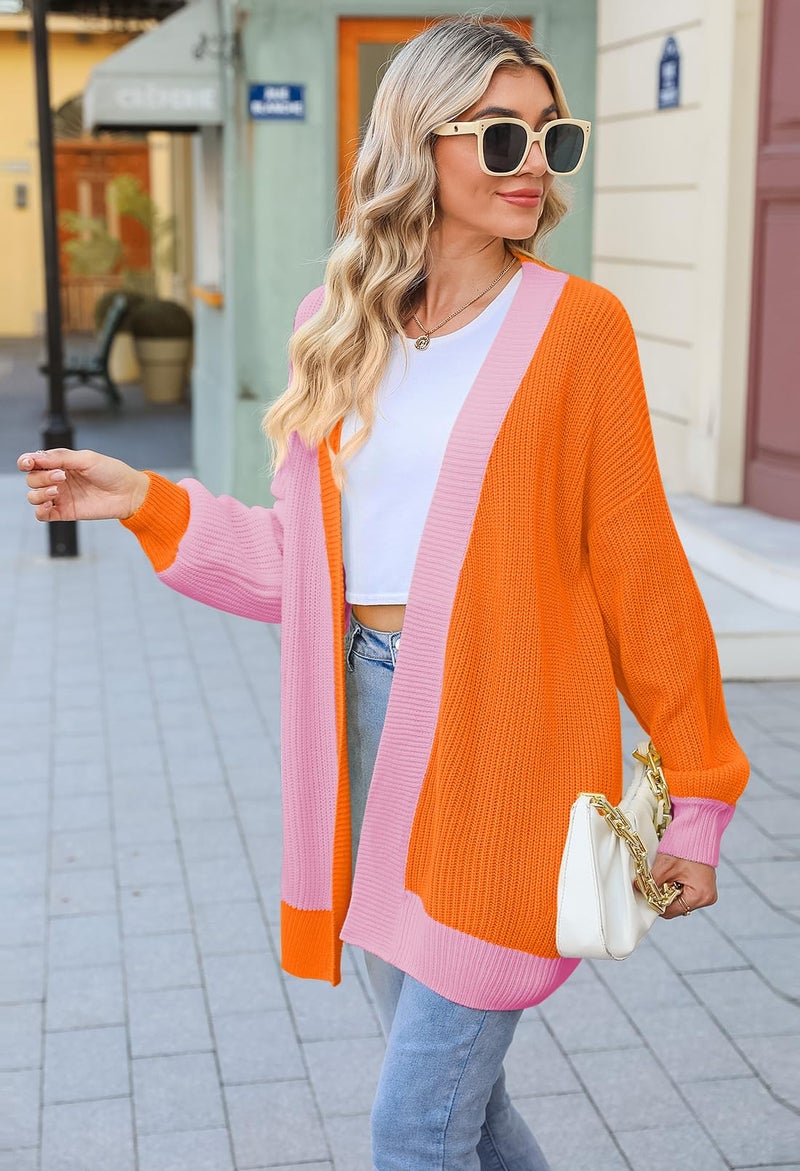 Pink Queen Women's Colorblock Cardigan Long Sleeve Open Front Ribbed Knit Oversized Cardigans Sweaters with Pockets Orange M - Image 3