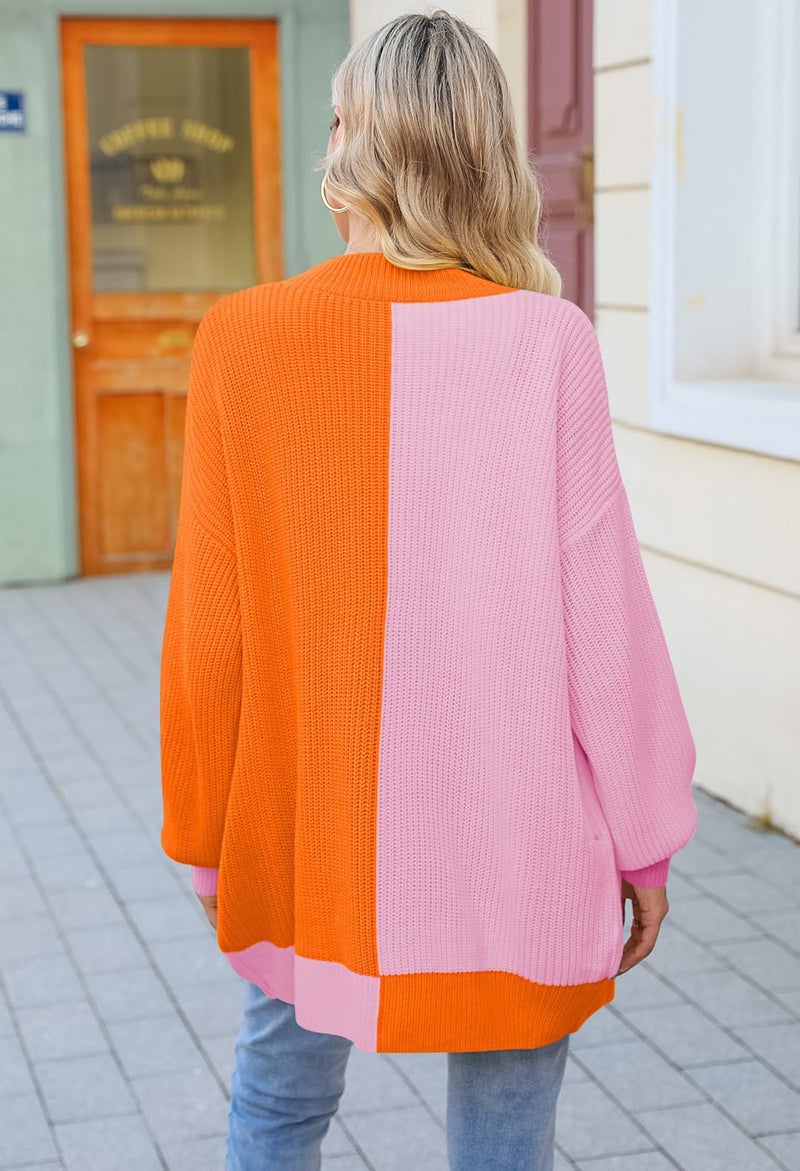 Pink Queen Women's Colorblock Cardigan Long Sleeve Open Front Ribbed Knit Oversized Cardigans Sweaters with Pockets Orange M - Image 5
