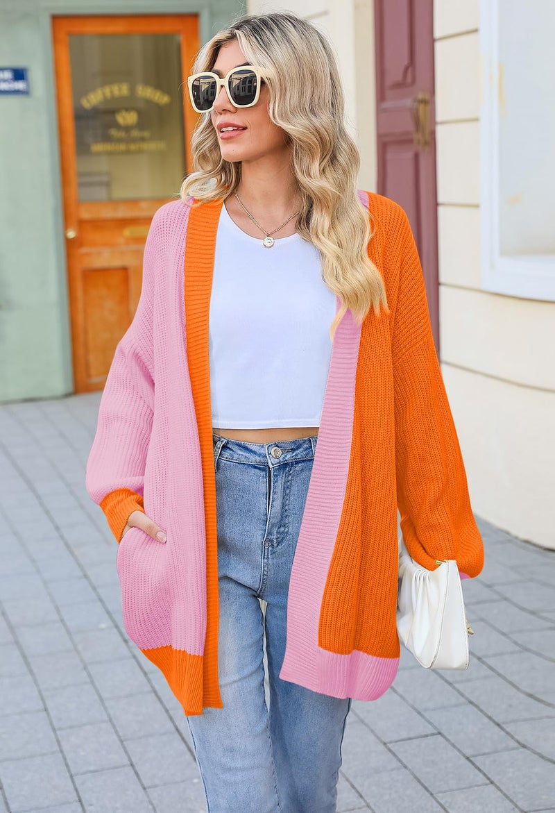 Pink Queen Women's Colorblock Cardigan Long Sleeve Open Front Ribbed Knit Oversized Cardigans Sweaters with Pockets Orange M - Image 4