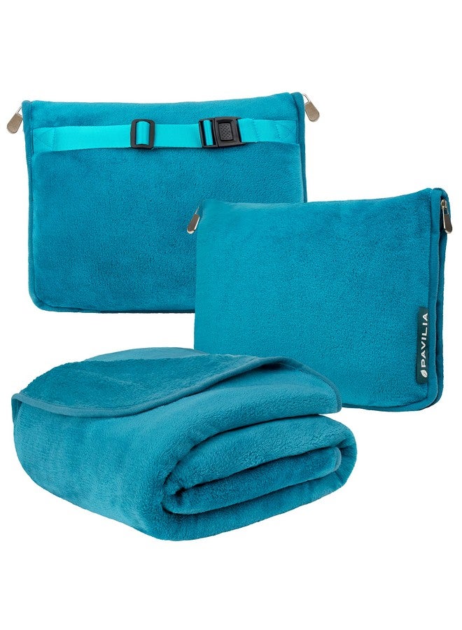 PAVILIA PAVILIA Travel Blanket Pillow, Soft Airplane Blanket 2-IN-1 Combo Set, Plane Blanket Compact Packable, Flight Essentials Car Pillow, Travelers Gifts Accessories Luggage Backpack Strap, 60x43 Teal Blue - Image 1