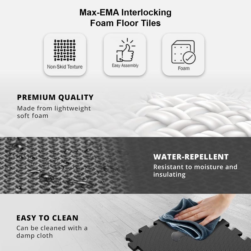 Max-Ema Global Interlocking Foam Floor Tiles Black 60x60x1cm Pack of 8 For Home Gym, Exercise Floor Mat, Workout Equipment, Play Area Soft Foam Mat And House Gym Flooring Water Resistant - Image 3