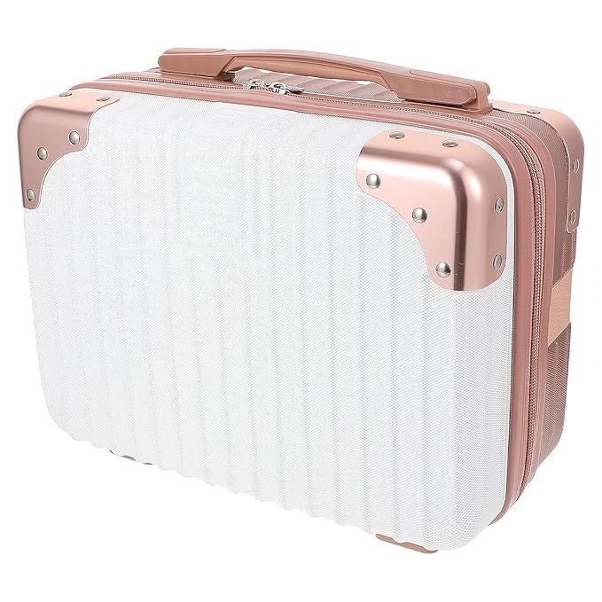 Proxin Hard Shell Cosmetic Bag Case Travel Hand Luggage Small Portable Carrying Suitcase Makeup Case for Women Organizer Box Vanity Mini Suitcase 14 Books Bottles Clothes Rose GoldWhite - Image 1