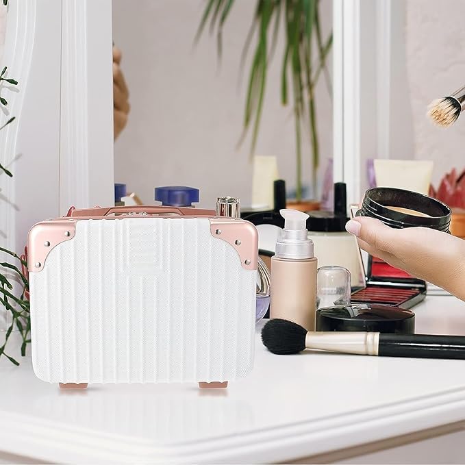 Proxin Hard Shell Cosmetic Bag Case Travel Hand Luggage Small Portable Carrying Suitcase Makeup Case for Women Organizer Box Vanity Mini Suitcase 14 Books Bottles Clothes Rose GoldWhite - Image 4