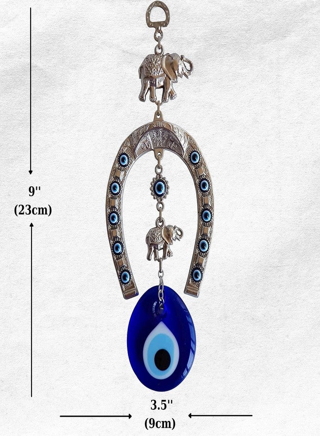 Erbulus Turkish Silver Horse Shoe Blue Evil Eye Wall Hanging Ornament with Elephant - Turkish Nazar Bead Amulet - Home Protection and Good Luck Charm Gift in a Box - Image 2