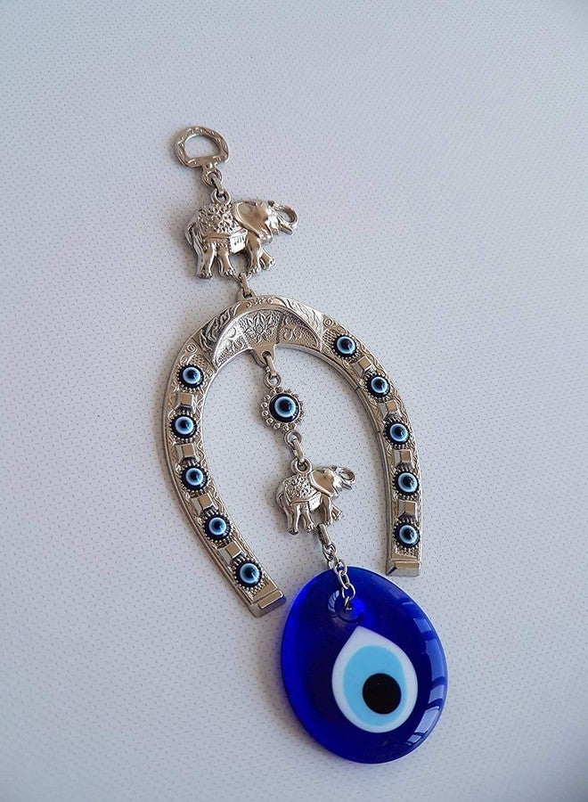 Erbulus Turkish Silver Horse Shoe Blue Evil Eye Wall Hanging Ornament with Elephant - Turkish Nazar Bead Amulet - Home Protection and Good Luck Charm Gift in a Box - Image 4