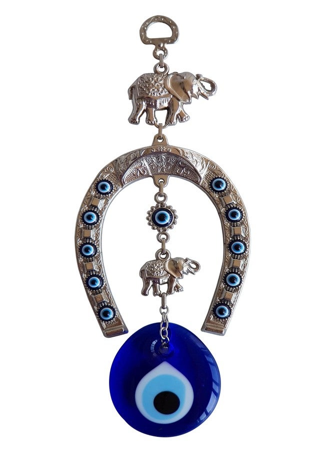 Erbulus Turkish Silver Horse Shoe Blue Evil Eye Wall Hanging Ornament with Elephant - Turkish Nazar Bead Amulet - Home Protection and Good Luck Charm Gift in a Box - Image 1