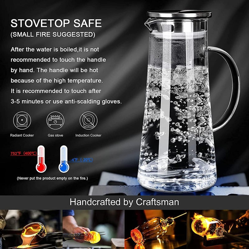 Brixal 1.3 Liter Glass Pitcher with Stainless Steel lid iced Tea Pitcher Water jug hot & Cold Water Wine Coffee Milk Juice Beverage Carafe and Sun Tea jar, 1300ml - Image 2