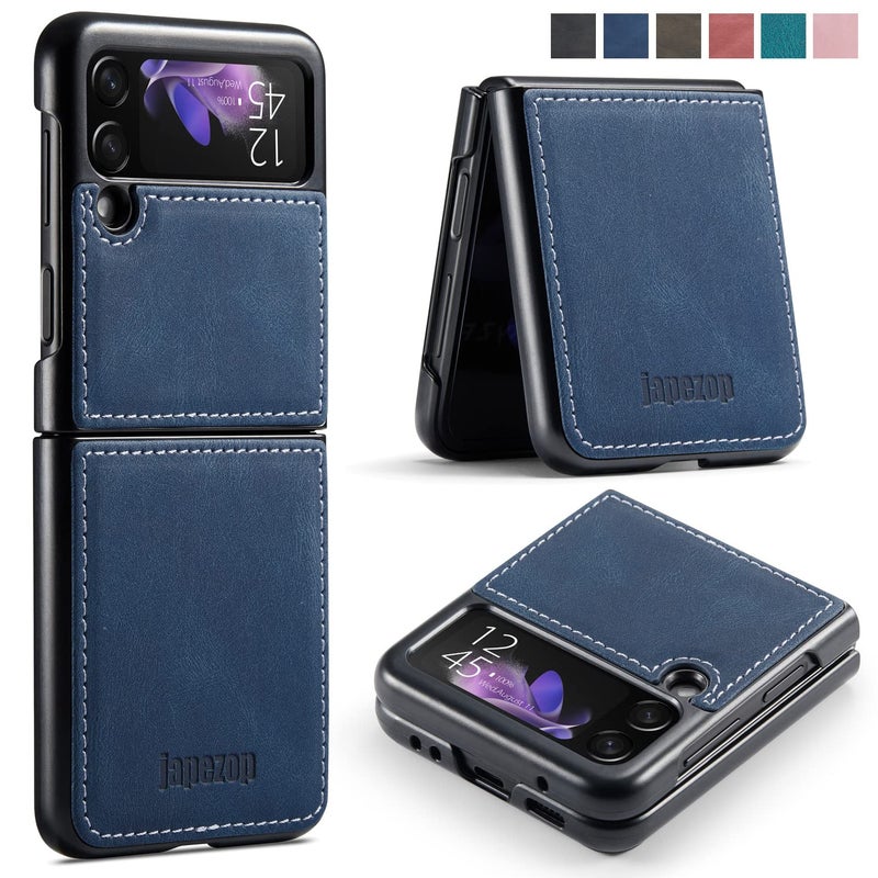 japezop Samsung Galaxy Z Flip 3 5G CaseGalaxy Z Flip 3 Leather Phone Case with Hard Shockproof Back Cover Slim Durable for Galaxy Z Flip 3 5G 2021 Blue - Image 3