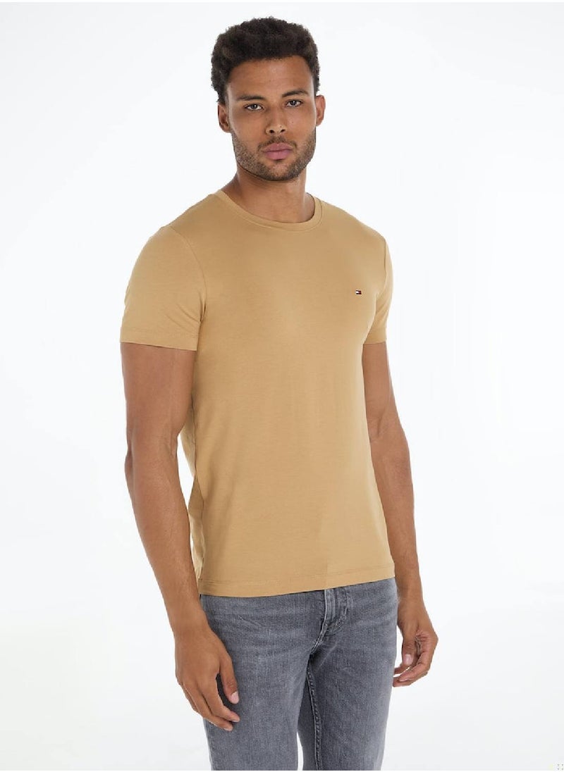 TOMMY HILFIGER Men's Flag Embroidery Extra Slim Fit T-Shirt -  Stretch cotton, Beige  - Image 2