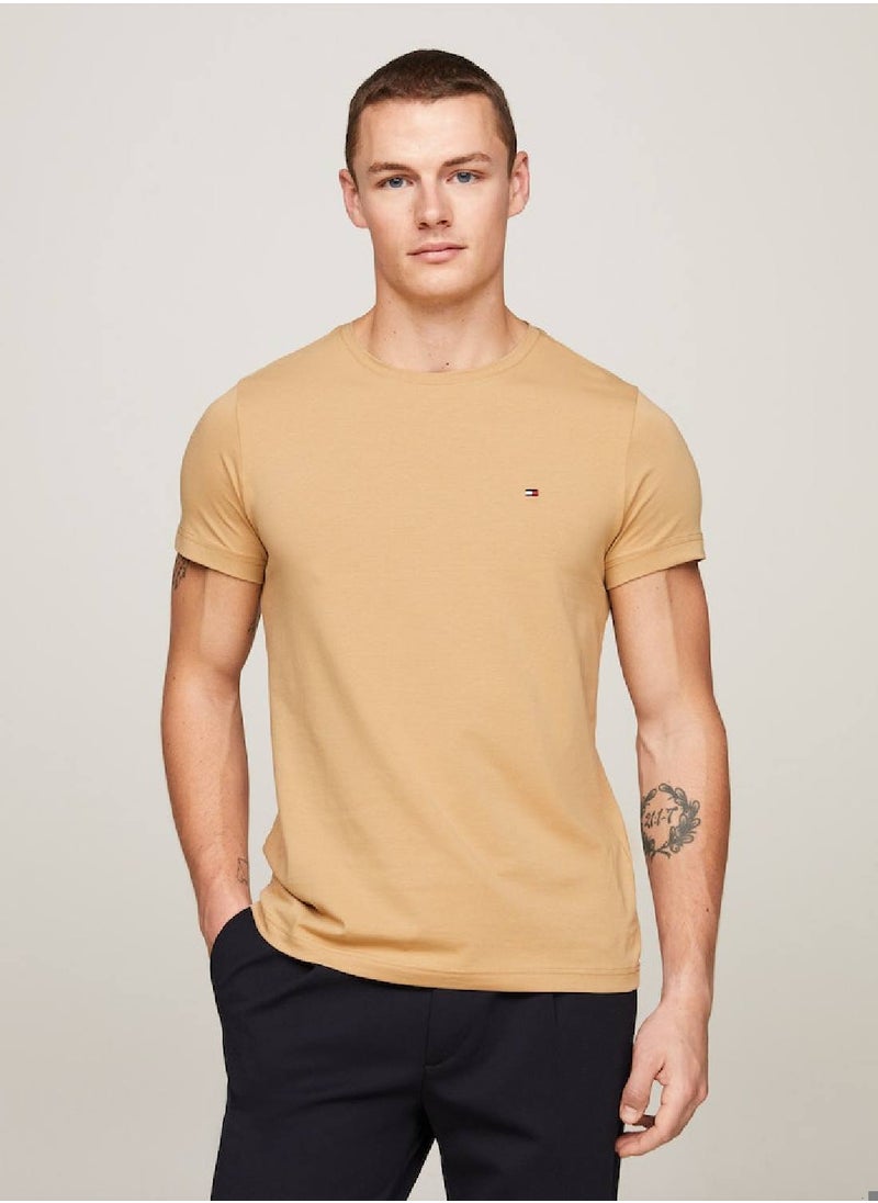 TOMMY HILFIGER Men's Flag Embroidery Extra Slim Fit T-Shirt -  Stretch cotton, Beige  - Image 1