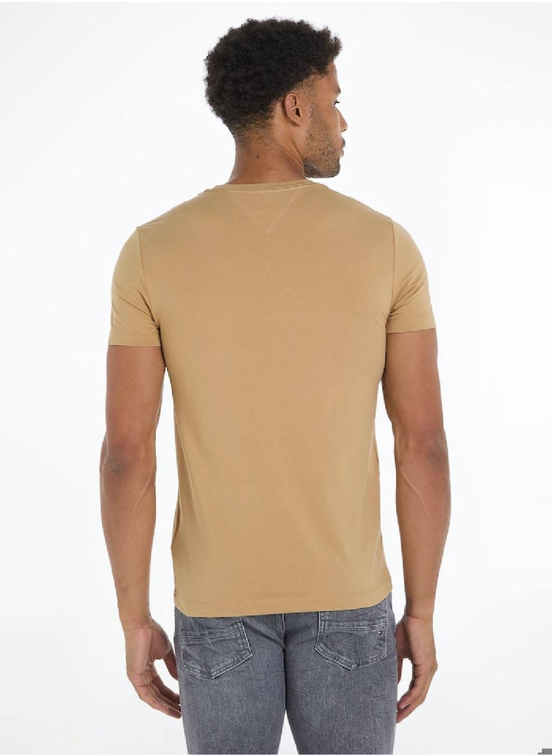TOMMY HILFIGER Men's Flag Embroidery Extra Slim Fit T-Shirt -  Stretch cotton, Beige  - Image 5