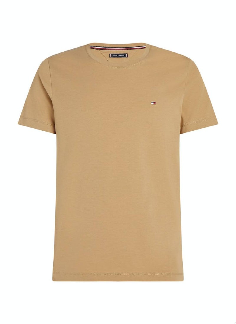 TOMMY HILFIGER Men's Flag Embroidery Extra Slim Fit T-Shirt -  Stretch cotton, Beige  - Image 3