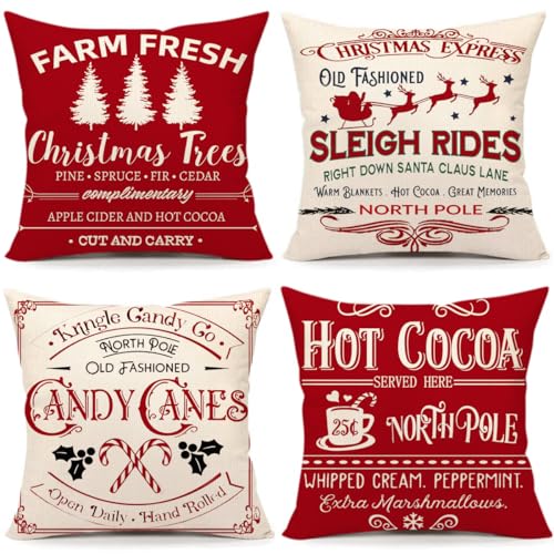 AOKE Farmhouse Christmas Pillow Covers 18x18 Set of 4 Vintage Winter Decorations Xmas Red Retro Christmas Santa Trees Candy Cane Sleigh Rides Reindeer Rustic Country Holiday Decor Throw Pillows Cases - Image 1