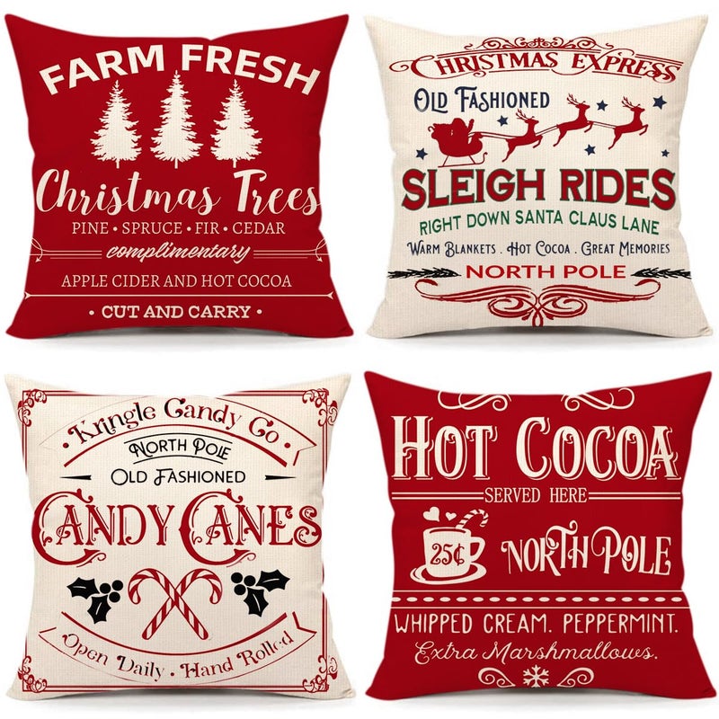 AOKE Farmhouse Christmas Pillow Covers 18x18 Set of 4 Vintage Winter Decorations Xmas Red Retro Christmas Santa Trees Candy Cane Sleigh Rides Reindeer Rustic Country Holiday Decor Throw Pillows Cases - Image 2