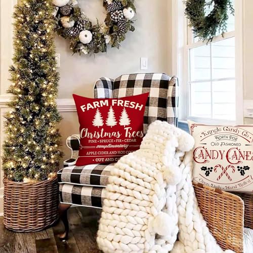 AOKE Farmhouse Christmas Pillow Covers 18x18 Set of 4 Vintage Winter Decorations Xmas Red Retro Christmas Santa Trees Candy Cane Sleigh Rides Reindeer Rustic Country Holiday Decor Throw Pillows Cases - Image 3