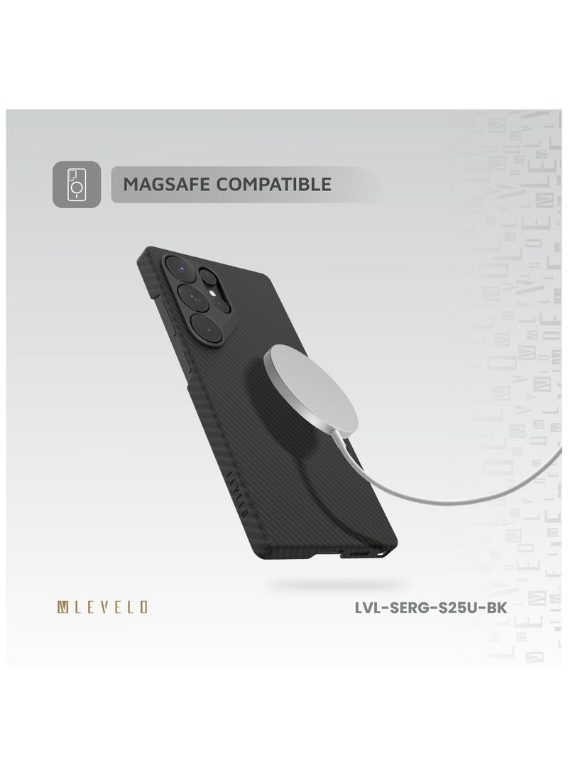 ليفيلو جراب S25 Ultra Sergei فائق النحافة مع غطاء خلفي MagSafe بحلقة كاميرا من الألومنيوم وهيكل من ألياف الكربون / زوايا مقاومة للصدمات بتقنية Airguard / مضاد لبصمات الأصابع / خفيف الوزن / ألياف أراميد 1500D - أسود - Image 3