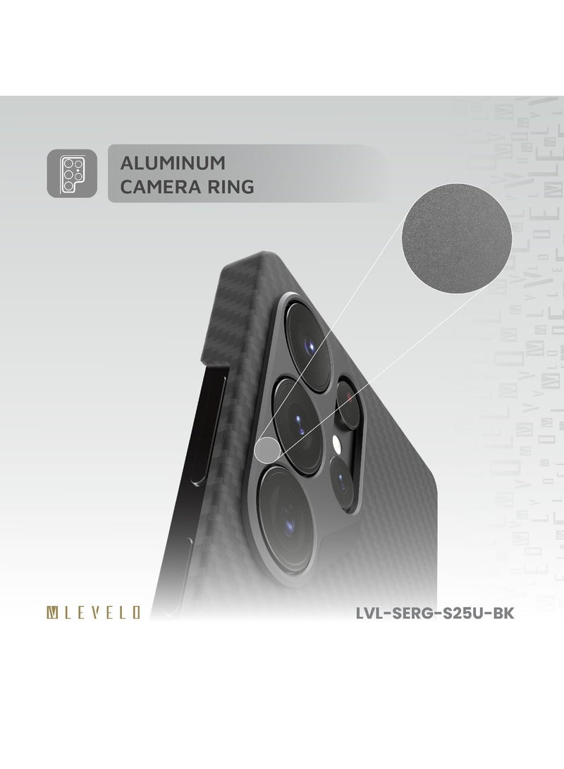ليفيلو جراب S25 Ultra Sergei فائق النحافة مع غطاء خلفي MagSafe بحلقة كاميرا من الألومنيوم وهيكل من ألياف الكربون / زوايا مقاومة للصدمات بتقنية Airguard / مضاد لبصمات الأصابع / خفيف الوزن / ألياف أراميد 1500D - أسود - Image 4