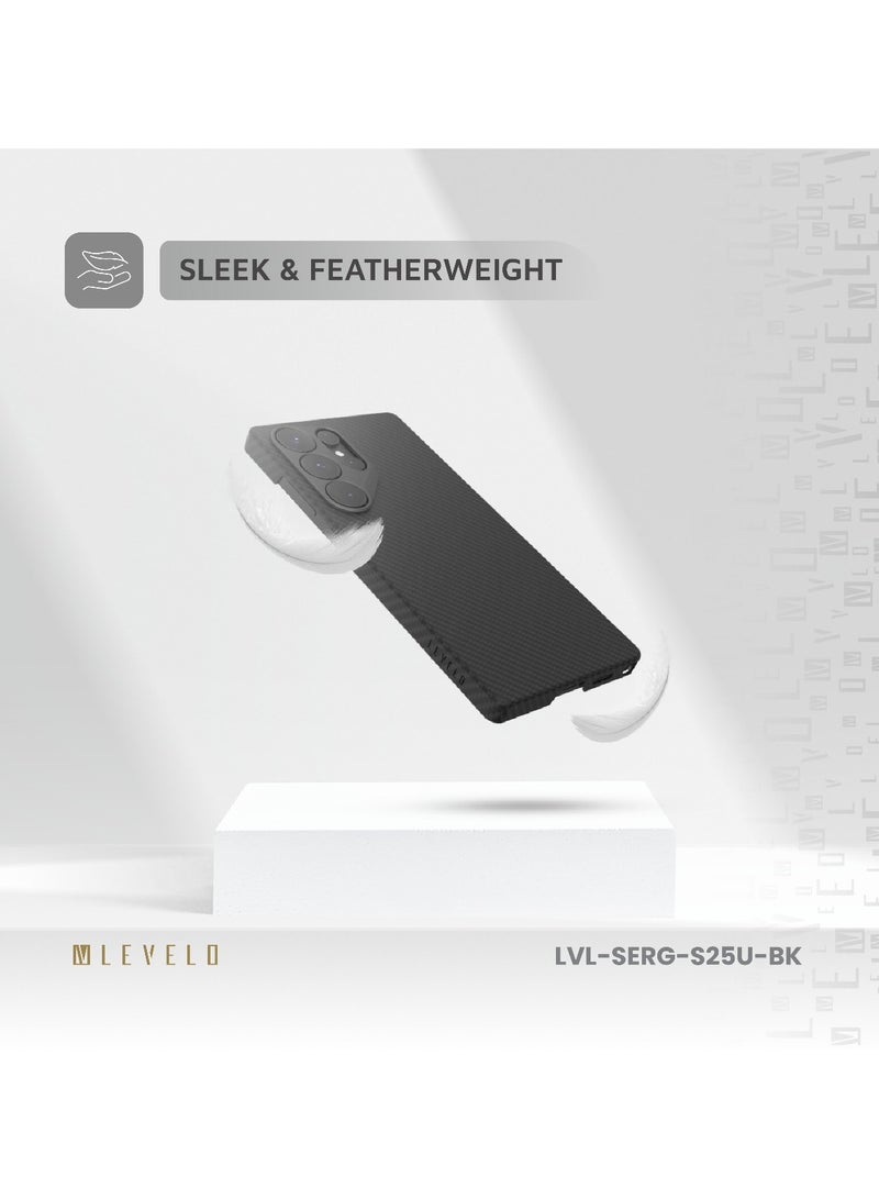 ليفيلو جراب S25 Ultra Sergei فائق النحافة مع غطاء خلفي MagSafe بحلقة كاميرا من الألومنيوم وهيكل من ألياف الكربون / زوايا مقاومة للصدمات بتقنية Airguard / مضاد لبصمات الأصابع / خفيف الوزن / ألياف أراميد 1500D - أسود - Image 5