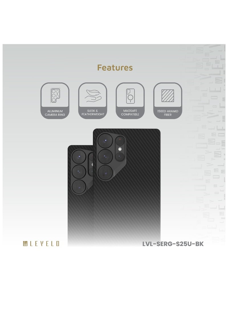 ليفيلو جراب S25 Ultra Sergei فائق النحافة مع غطاء خلفي MagSafe بحلقة كاميرا من الألومنيوم وهيكل من ألياف الكربون / زوايا مقاومة للصدمات بتقنية Airguard / مضاد لبصمات الأصابع / خفيف الوزن / ألياف أراميد 1500D - أسود - Image 2
