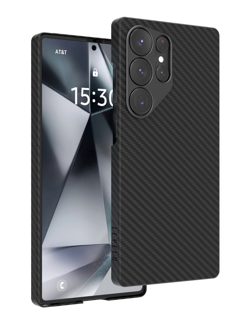 ليفيلو جراب S25 Ultra Sergei فائق النحافة مع غطاء خلفي MagSafe بحلقة كاميرا من الألومنيوم وهيكل من ألياف الكربون / زوايا مقاومة للصدمات بتقنية Airguard / مضاد لبصمات الأصابع / خفيف الوزن / ألياف أراميد 1500D - أسود - Image 1