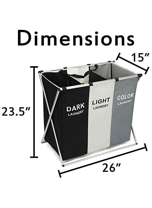 ONTRIP 3 Section Laundry Basket for Dark Light and Color Clothes Hamper Collapsible Design with Carry Handle 26 Long x 15 Wide x 235  - Image 2