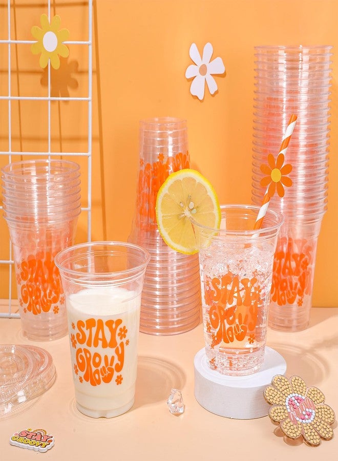 Whaline 50Pcs Boho Plastic Cups with Flat Lids 12Oz Groovy Flower Disposable Cold Beverage Clear Cups for Wedding Birthday Baby Shower - Image 3