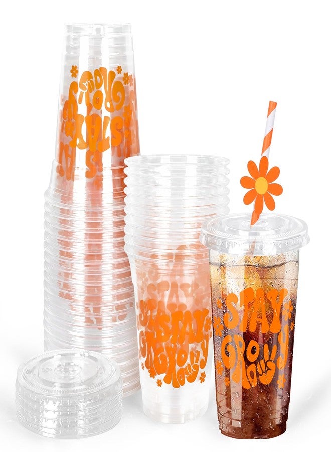 Whaline 50Pcs Boho Plastic Cups with Flat Lids 12Oz Groovy Flower Disposable Cold Beverage Clear Cups for Wedding Birthday Baby Shower - Image 1