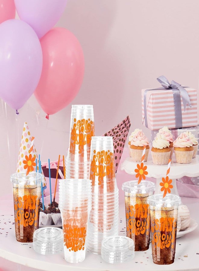 Whaline 50Pcs Boho Plastic Cups with Flat Lids 12Oz Groovy Flower Disposable Cold Beverage Clear Cups for Wedding Birthday Baby Shower - Image 5