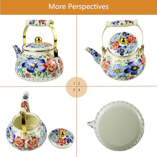 Leebright Blue Floral Enamel Tea Kettle Vintage Gold Beige Teapot Blue Floral Boho Hot Water Coffee Kettle Pot 2.5L Porcelain Tea Pot with Ceramic Handle for Stovetop Kitchen Home Decor - Image 4