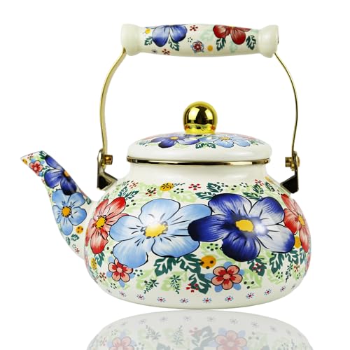 Leebright Blue Floral Enamel Tea Kettle Vintage Gold Beige Teapot Blue Floral Boho Hot Water Coffee Kettle Pot 2.5L Porcelain Tea Pot with Ceramic Handle for Stovetop Kitchen Home Decor - Image 1