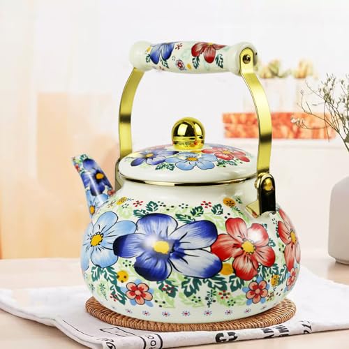 Leebright Blue Floral Enamel Tea Kettle Vintage Gold Beige Teapot Blue Floral Boho Hot Water Coffee Kettle Pot 2.5L Porcelain Tea Pot with Ceramic Handle for Stovetop Kitchen Home Decor - Image 5