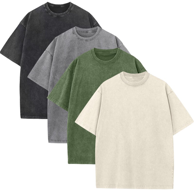 KEEPSHOWING 4 Pack Mens Oversized T Shirts Acid Wash T Shirt Loose Fit Vintage Washed Tee Shirt Short Sleeve Streetwear Casual T-Shirts(BKGYBGAG,2XL) - Image 1