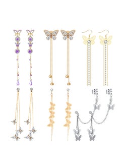 SYOSI Tassel Chain Earrings, Butterfly Cuff Tassel Chain Earrings, Butterfly Stud Drop Dangle Earrings, Long Crystal Butterfly Earrings, Purple Butterfly Long Tassel Earrings 6 Pairs  - Image 1