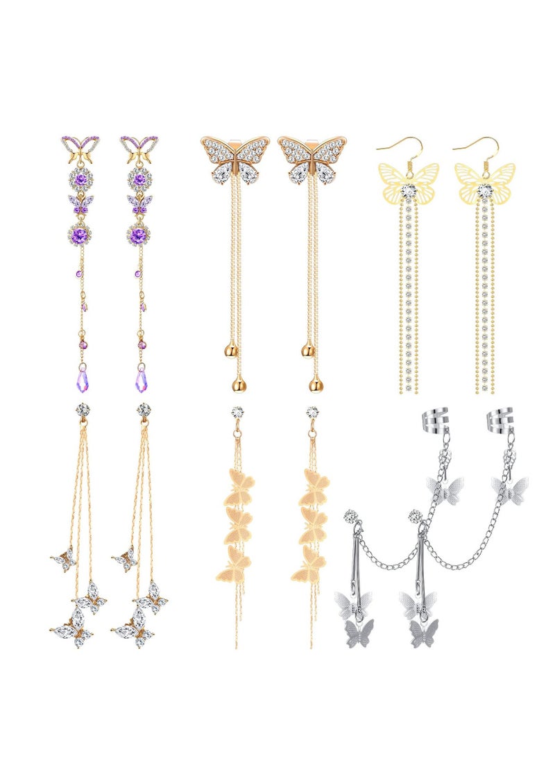 SYOSI - Tassel Chain Earrings, Butterfly Cuff Tassel Chain Earrings, Butterfly Stud Drop Dangle Earrings, Long Crystal Butterfly Earrings, Purple Butterfly Long Tassel Earrings 6 Pairs - Image 1