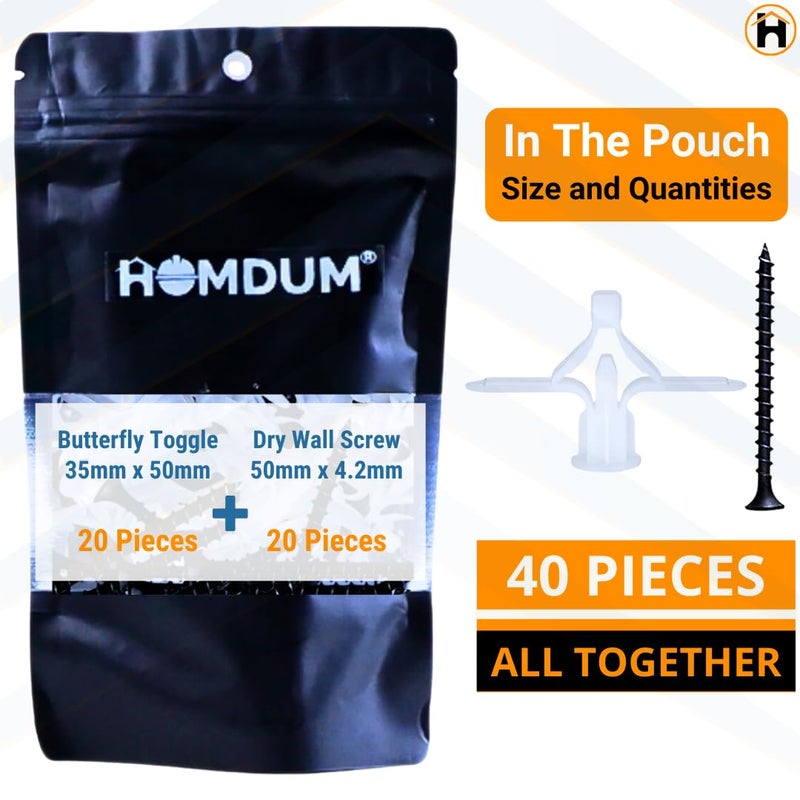 Homdum دبوس جاف قابل للتبديل - قابس نايلون على شكل فراشة مقاس 10 × 35 مم 20 قطعة مع براغي جاف 20 قطعة إجمالي العناصر 40 قطعة. - Image 2