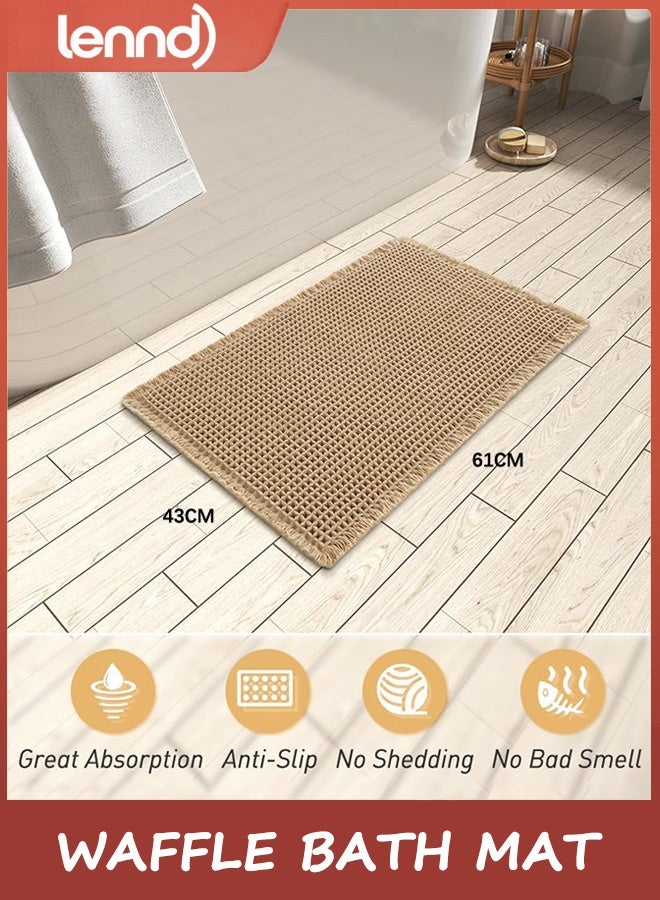 LENND Upgraded Waffle Bath Mat, Super Absorbent Non Slip Bath Mats for Bathroom Floor, Machine Washable Bathroom Rugs with Tassels, Rubber Backed Bathroom Mats, Ultra - Image 2