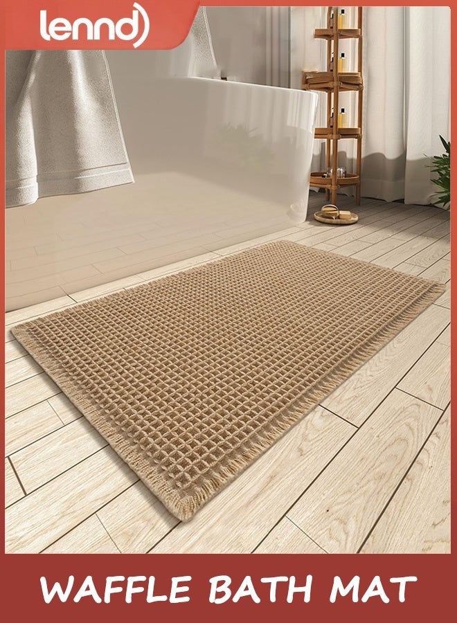 LENND Upgraded Waffle Bath Mat, Super Absorbent Non Slip Bath Mats for Bathroom Floor, Machine Washable Bathroom Rugs with Tassels, Rubber Backed Bathroom Mats, Ultra - Image 1