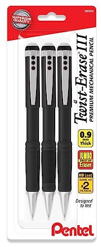 Pentel قلم رصاص ميكانيكي من بنتل 0.9 مم مع ممحاة قابلة للدوران III، ممحاة قابلة للرفع، رصاص سوبر هاي بوليمر HB محمل مسبقًا، أسطوانة سوداء، عبوة من 3 قطع - Image 1