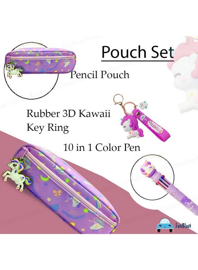 فنبلاست مجموعة أقلام فن بلاست للبنات - عبوة من 3 قطع هدايا يونيكورن، مجموعة من حافظة أقلام، 10 أقلام ملونة وسلسلة مفاتيح، مجموعة أدوات مكتبية كاواي، مجموعة هدايا، هدايا عيد ميلاد (أرجواني) - Image 4