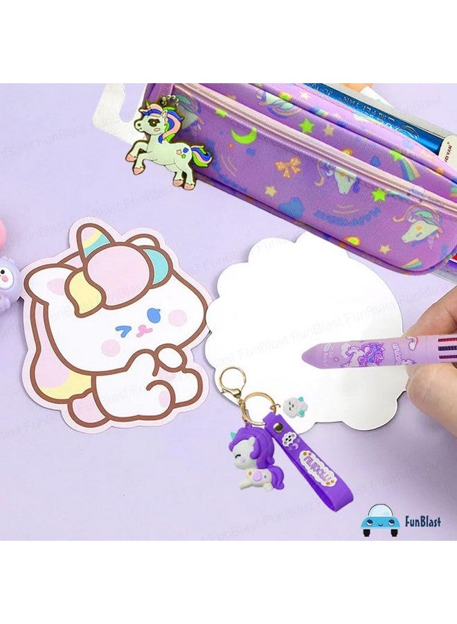 فنبلاست مجموعة أقلام فن بلاست للبنات - عبوة من 3 قطع هدايا يونيكورن، مجموعة من حافظة أقلام، 10 أقلام ملونة وسلسلة مفاتيح، مجموعة أدوات مكتبية كاواي، مجموعة هدايا، هدايا عيد ميلاد (أرجواني) - Image 5