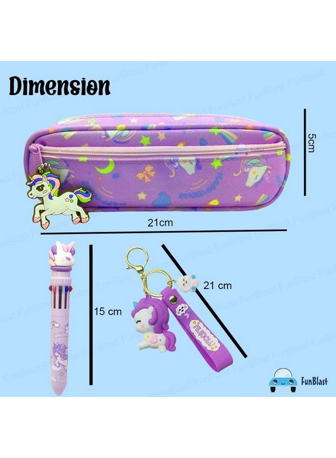 فنبلاست مجموعة أقلام فن بلاست للبنات - عبوة من 3 قطع هدايا يونيكورن، مجموعة من حافظة أقلام، 10 أقلام ملونة وسلسلة مفاتيح، مجموعة أدوات مكتبية كاواي، مجموعة هدايا، هدايا عيد ميلاد (أرجواني) - Image 2