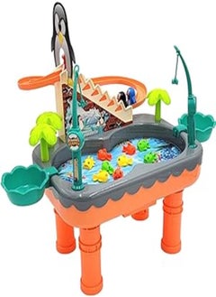 Fishing Penguin Toy Game Set with Electronic Slide Magnetic Pond, 3 Magnetic Penguin, 9 Fish, 2 Fishing Poles with Music (Orange)