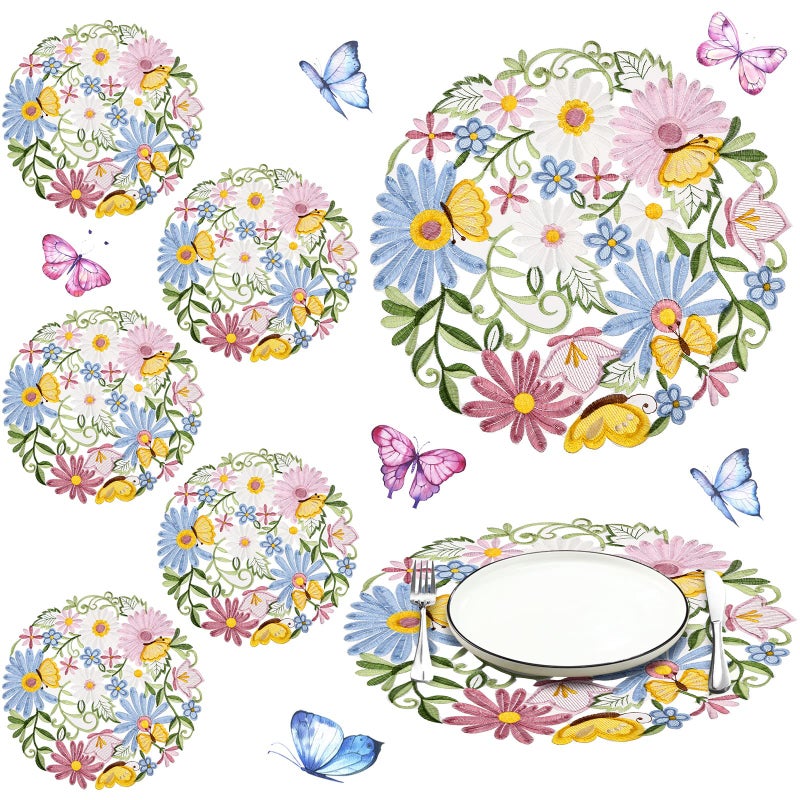 Tudomro 12 Pcs 14'' Spring Round Placemats Easter Flower Embroidered Doilies Daisy Table Placemat for Home Dining Holiday Kitchen Table Decoration (Flower Style) - Image 1