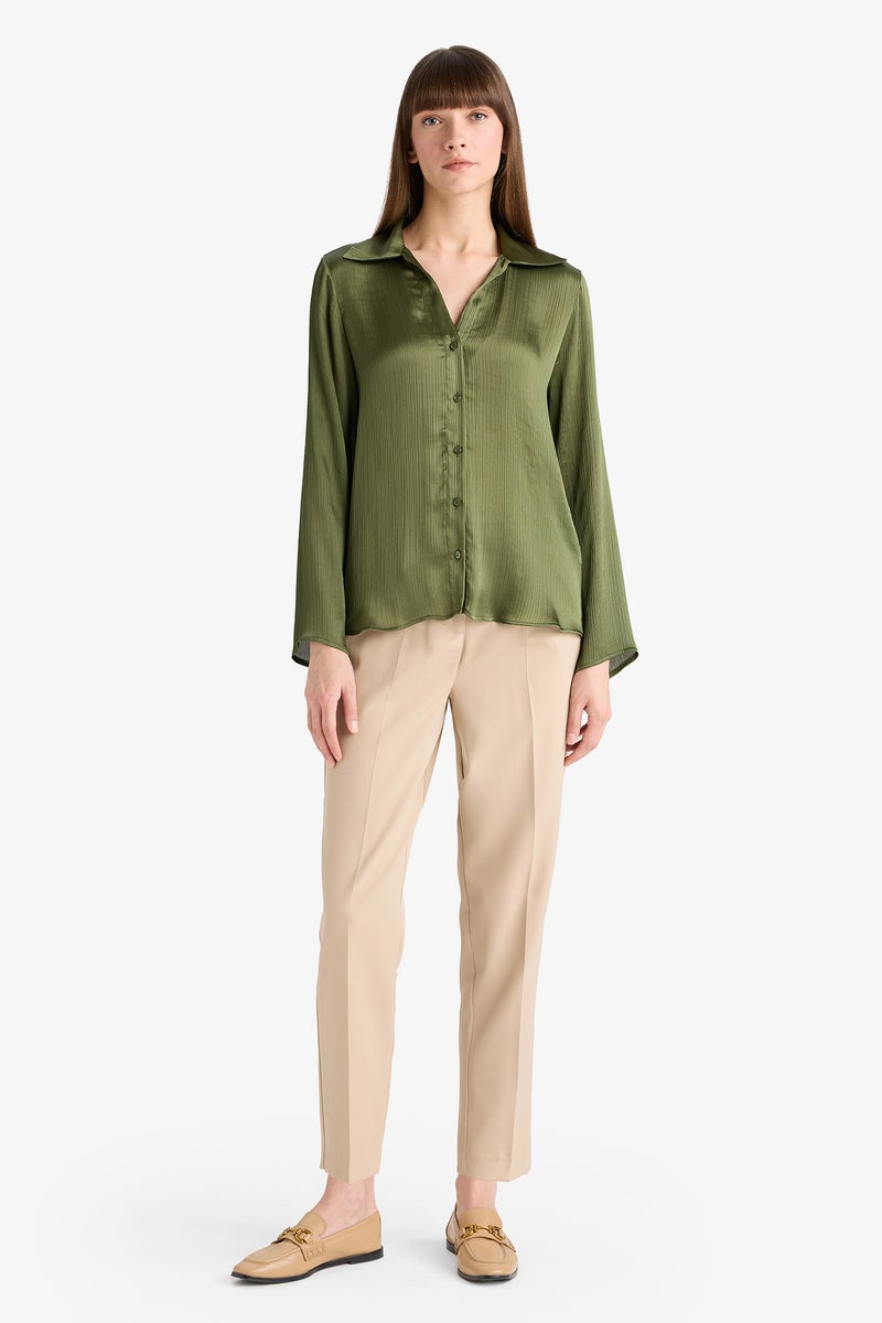 DeFacto Green Woman Regular Fit Satin Long Sleeve Shirt Casual - Image 2